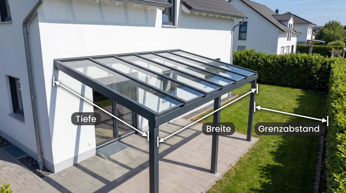 Terrassendach mit eingezeichneten Maßen: Breite, Tiefe, Grenzabstand