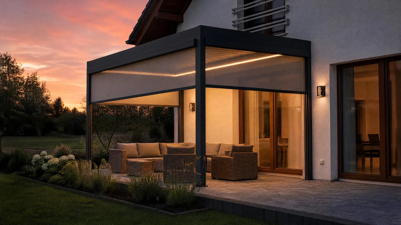 Lamellendach Pergola SB 400 auf Terrasse am Abend