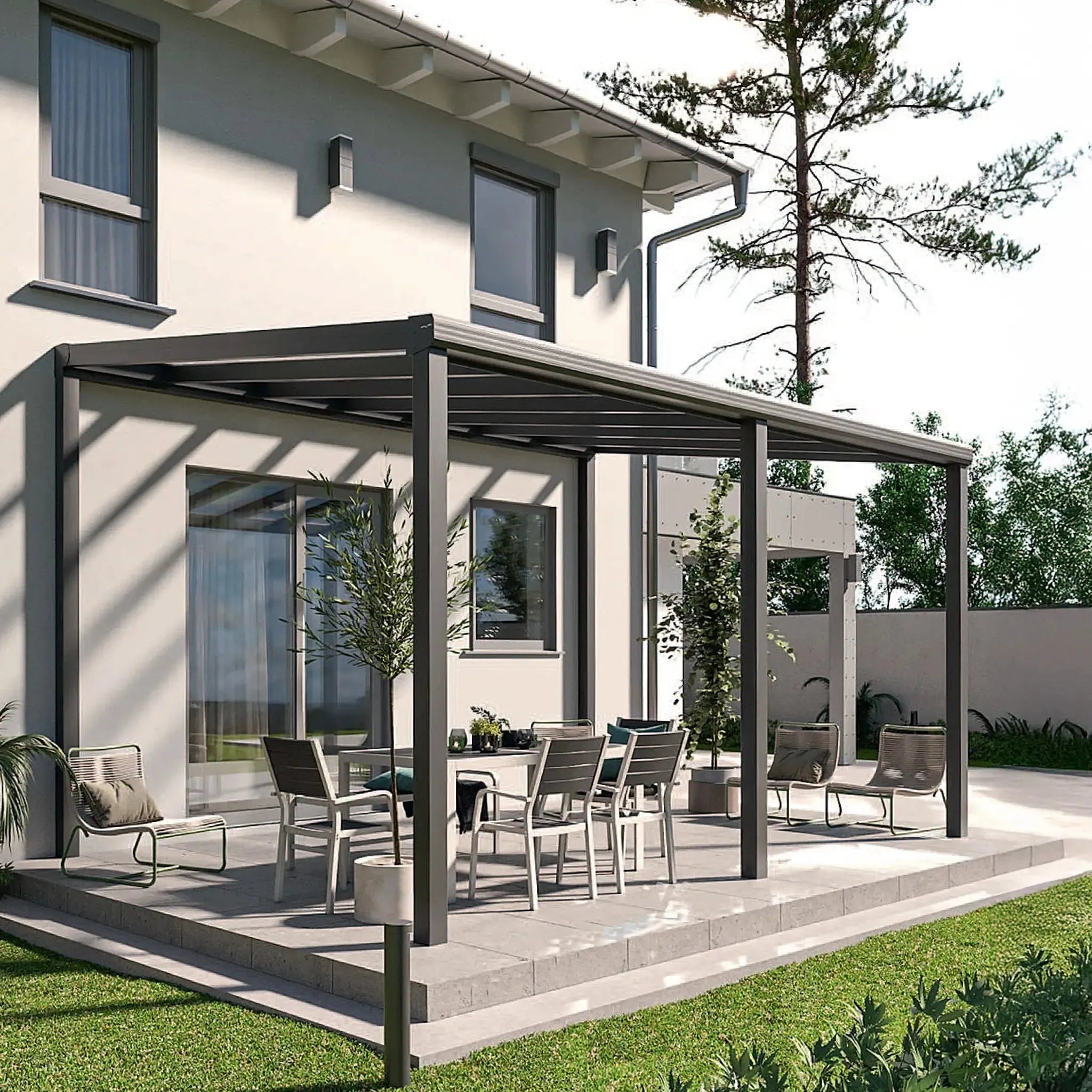 Moderne Terrassenüberdachung Wandmontage | Eindeckung: VSG Glas 8 mm | Leichte Montage - Terrassendach-Buddy