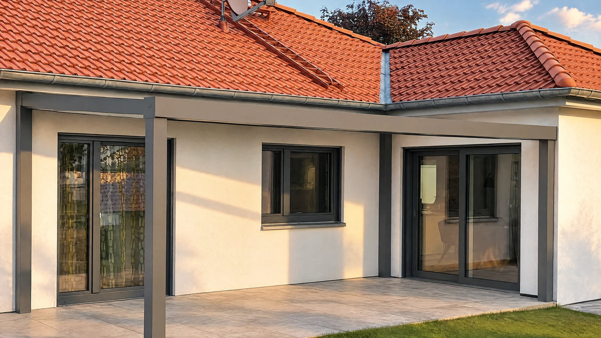 Freistehendes BUDDY Kubic Flachdach-Terrassendach in Anthrazit vor einem weißen Bungalow, Kundenprojekt im Nachmittagslicht