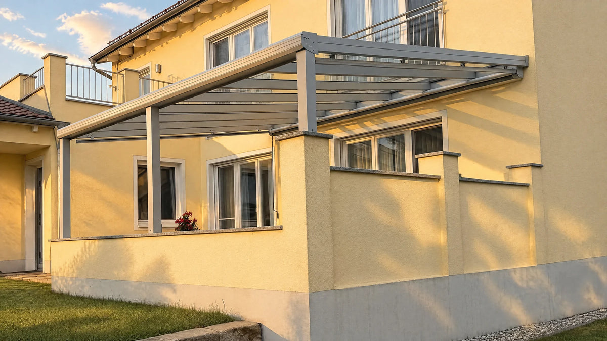 Wandmontiertes BUDDY Line Terrassendach aus grauem Aluminium an einer gelben Hausfassade, Kundenprojekt im Nachmittagslicht