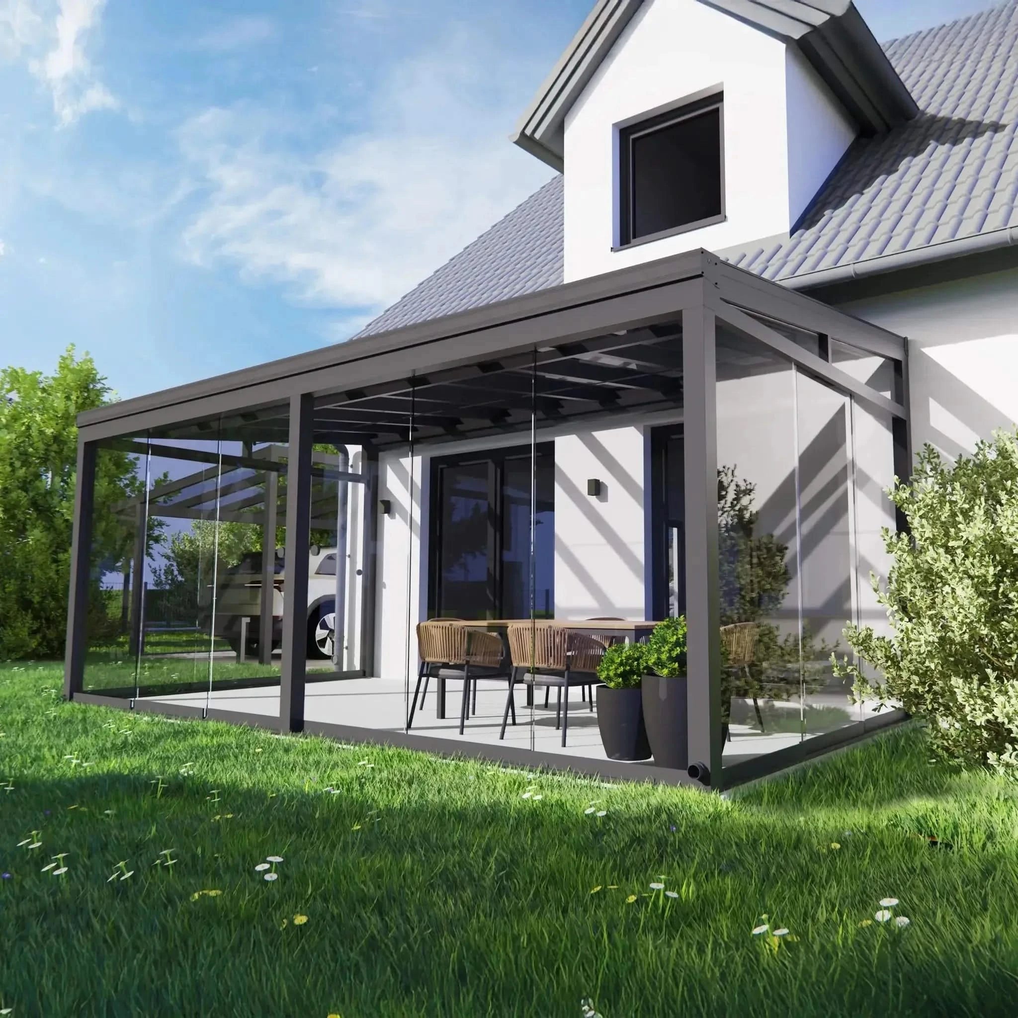 Moderne Terrassenüberdachung Wandmontage | Eindeckung: VSG Glas 8 mm | Leichte Montage - Terrassendach-Buddy