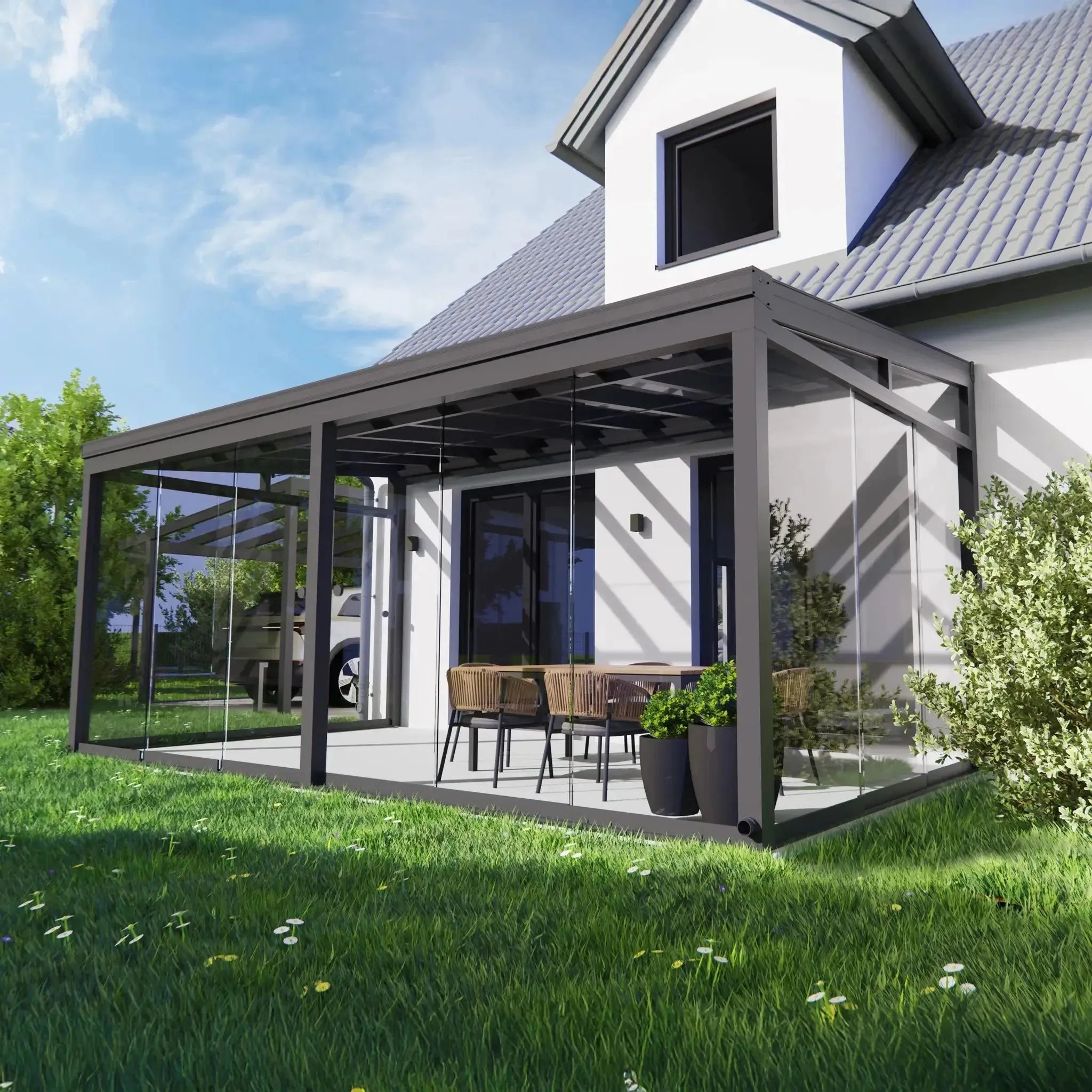 Moderne Terrassenüberdachung Wandmontage | Eindeckung: VSG Glas 8 mm | Leichte Montage - Terrassendach-Buddy
