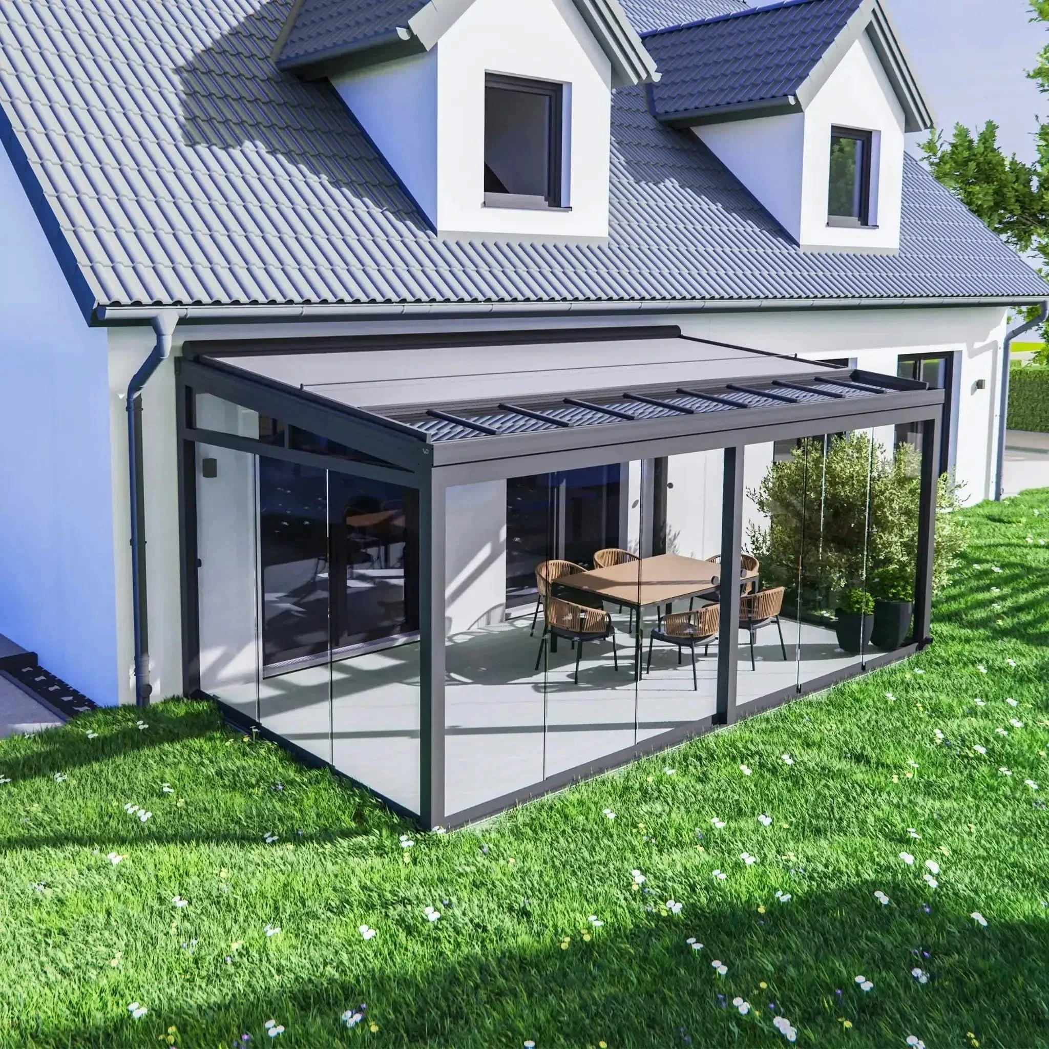 Moderne Terrassenüberdachung Wandmontage | Eindeckung: VSG Glas 8 mm | Leichte Montage - Terrassendach-Buddy