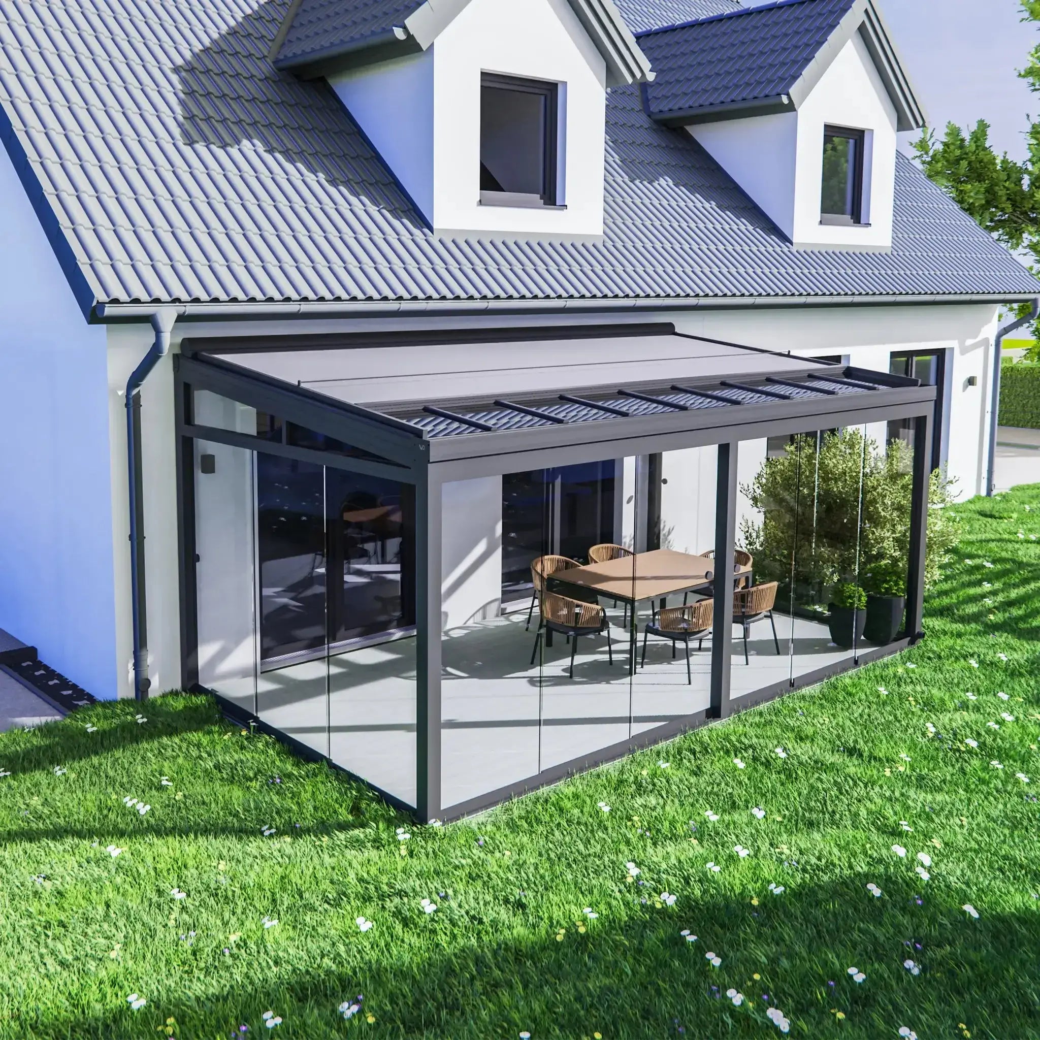 Moderne Terrassenüberdachung Wandmontage | Eindeckung: VSG Glas 8 mm | Leichte Montage - Terrassendach-Buddy